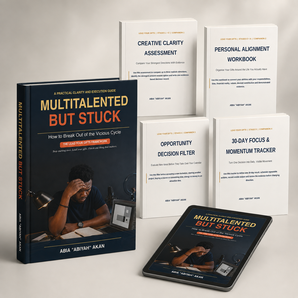 Complete Multitalented But Stuck digital bundle showing the main guide, four companion workbooks and tablet edition