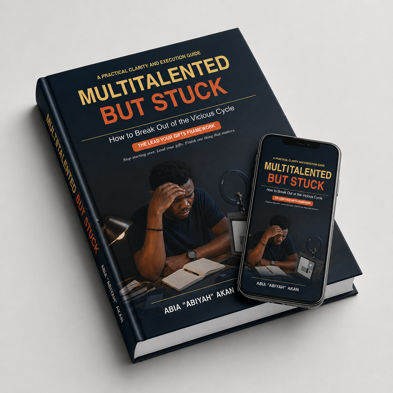 Multitalented But Stuck digital guide displayed as a premium book and mobile PDF mock-up